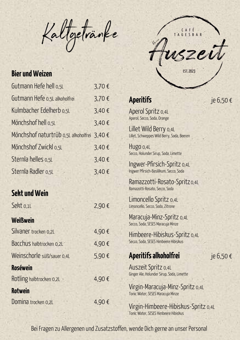 Willkommen bei der 'kleinen Auszeit' in Ebersdorf bei Coburg - Speisekarte